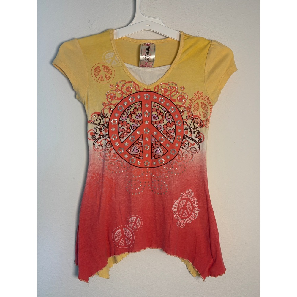 Knitworks Girls Ombre Peace Sign Rhinestone Graphic Tee Yellow Coral Size M